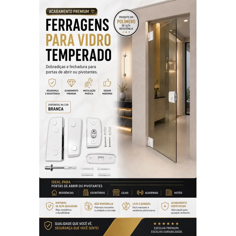 Kit Porta de Abrir Basculante para Vidro Temperado –Kit Completo com Dobradiças 1101/1103 Fechadura 1520 para Alvenaria