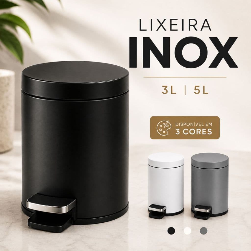 Lixeira em Inox 3 ou 5 Litros Banheiro Cmm Pedal Preta Branca ou Cinza