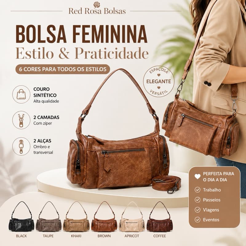 Bolsa Feminina Tiracolo Vintage Couro Sintético Grande 2 Alças Multi Bolsos com Zíper Casual 2401
