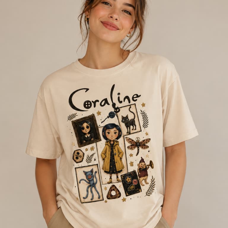 Camiseta Feminina Coraline Desenho StreetWear Camisa Em Algodão Premium
