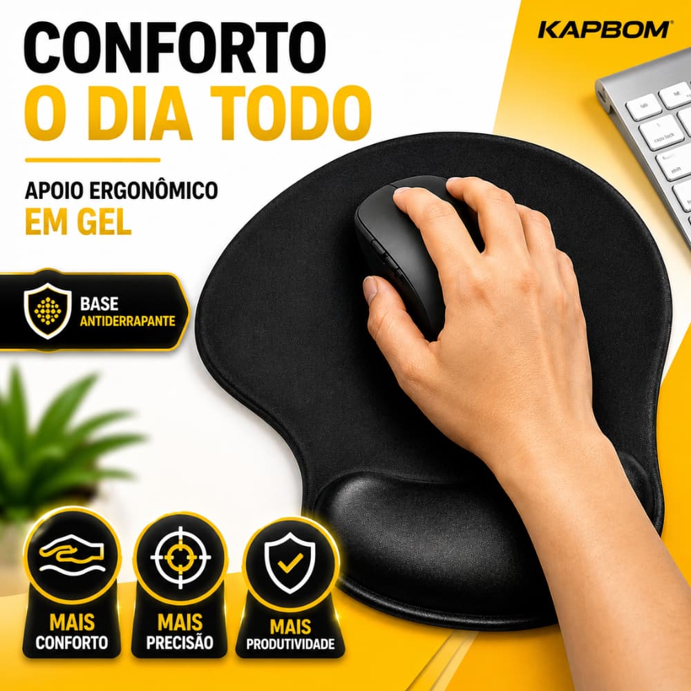 Mouse Pad Ergonômico com Apoio de Punho em Gel Antiderrapante Preto Conforto para Escritório e Gamer