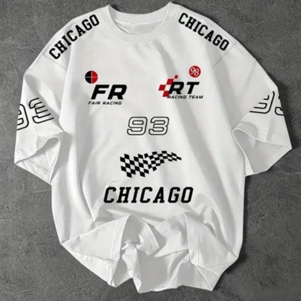Camiseta Oversized Streetwear Chicago 93 Racing Unissex Camisa Estampada DTF Corrida F1