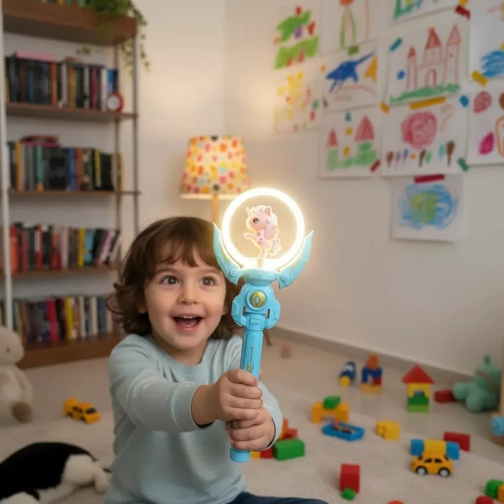Varinha Mágica Giratória Luz Som Brinquedo Criança Unicórnio Azul