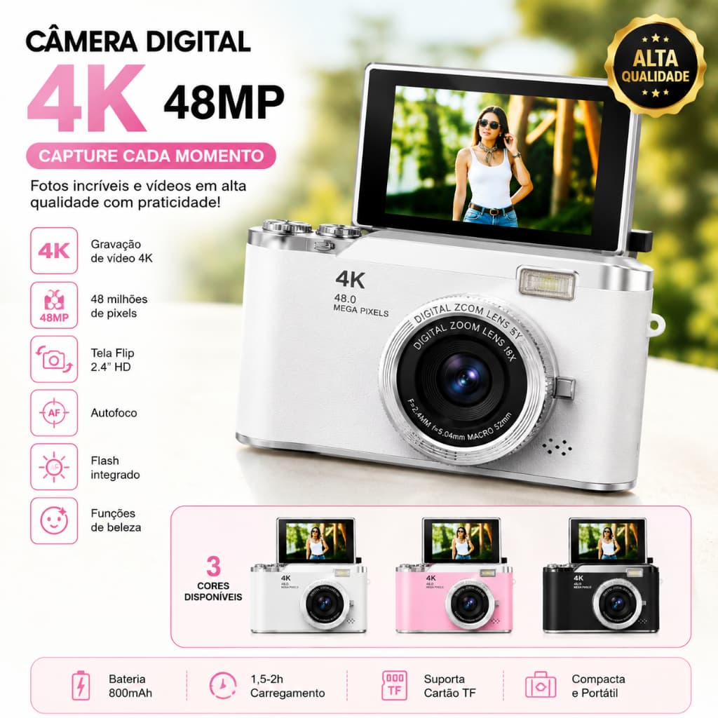 Câmera Digital 4K 48MP com Cartão 32GB Incluso Tela Flip 2.4" Autofoco Flash Zoom 18X KA-S190