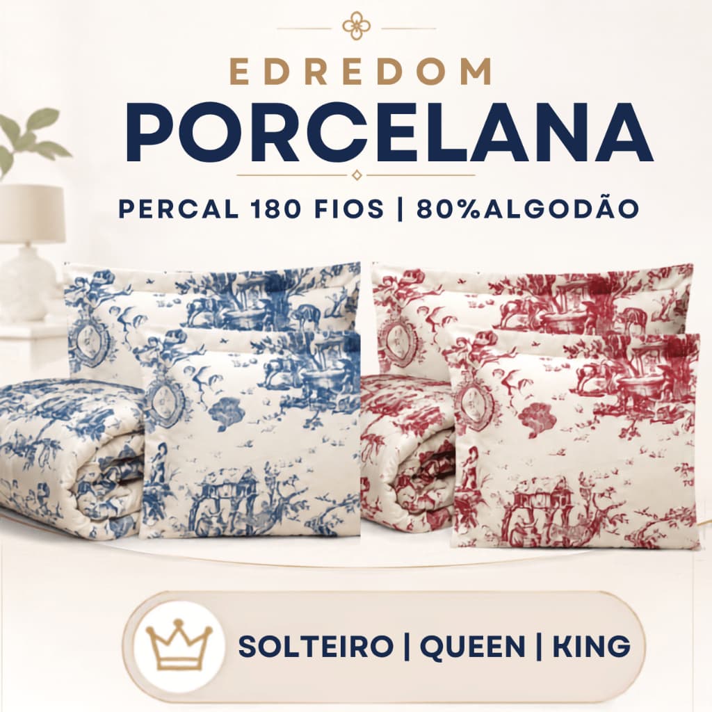 Kit Edredom Porcelana Percal 180 Fios Algodão Solteiro 02 Peças Queen e King 03 Peças Azul Vermelho