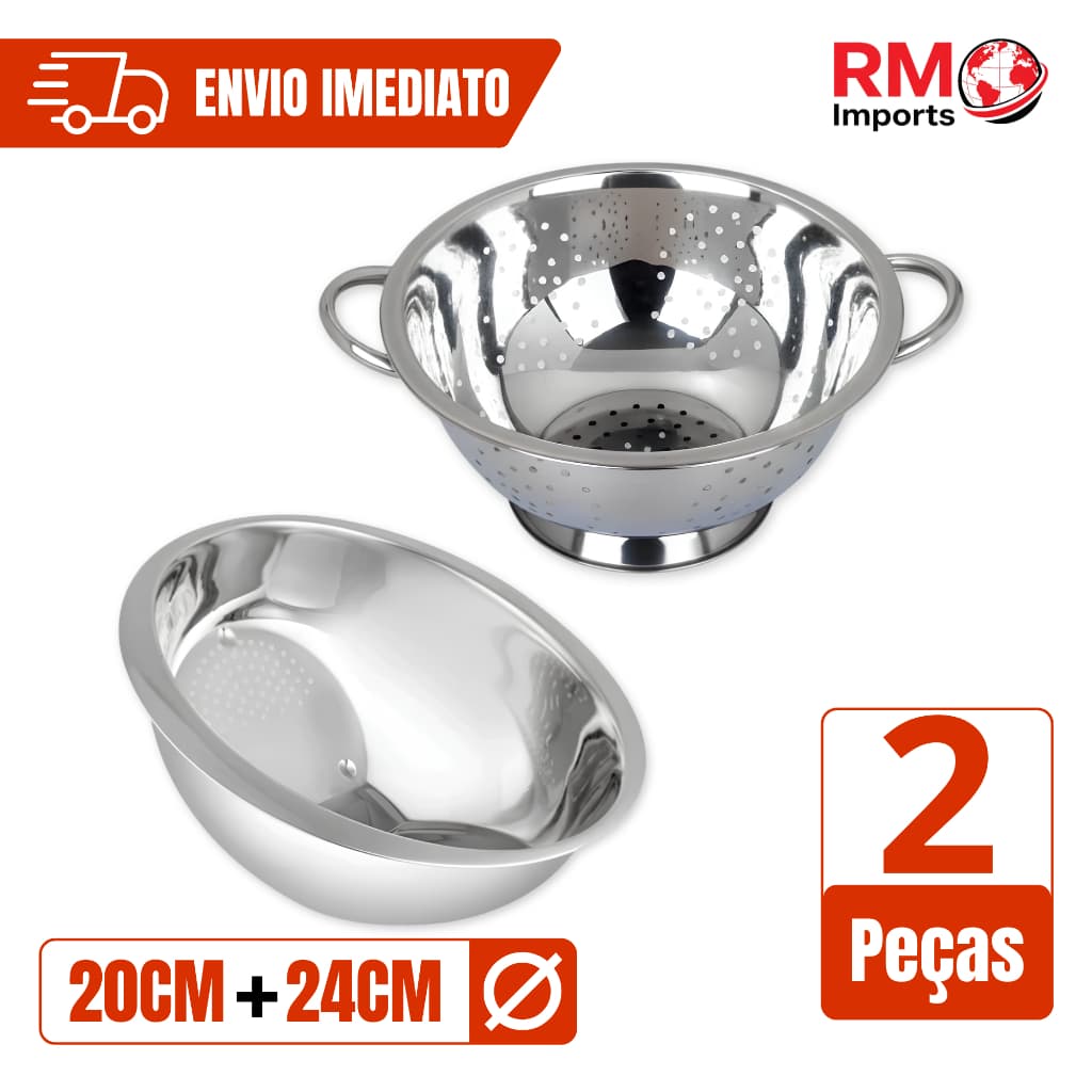 Kit Escorredor de Macarrão 24cm + Escorredor de Arroz Inox 20cm para Massas e Alimentos
