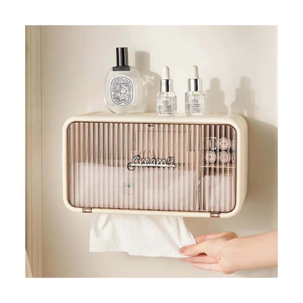 ORGANIZADOR DE BANHEIRO COM PORTA PAPEL NA COR CREME, PRÁTICO, ELEGANTE E IDEAL PARA MANTER O AMBIENTE ORGANIZADO!