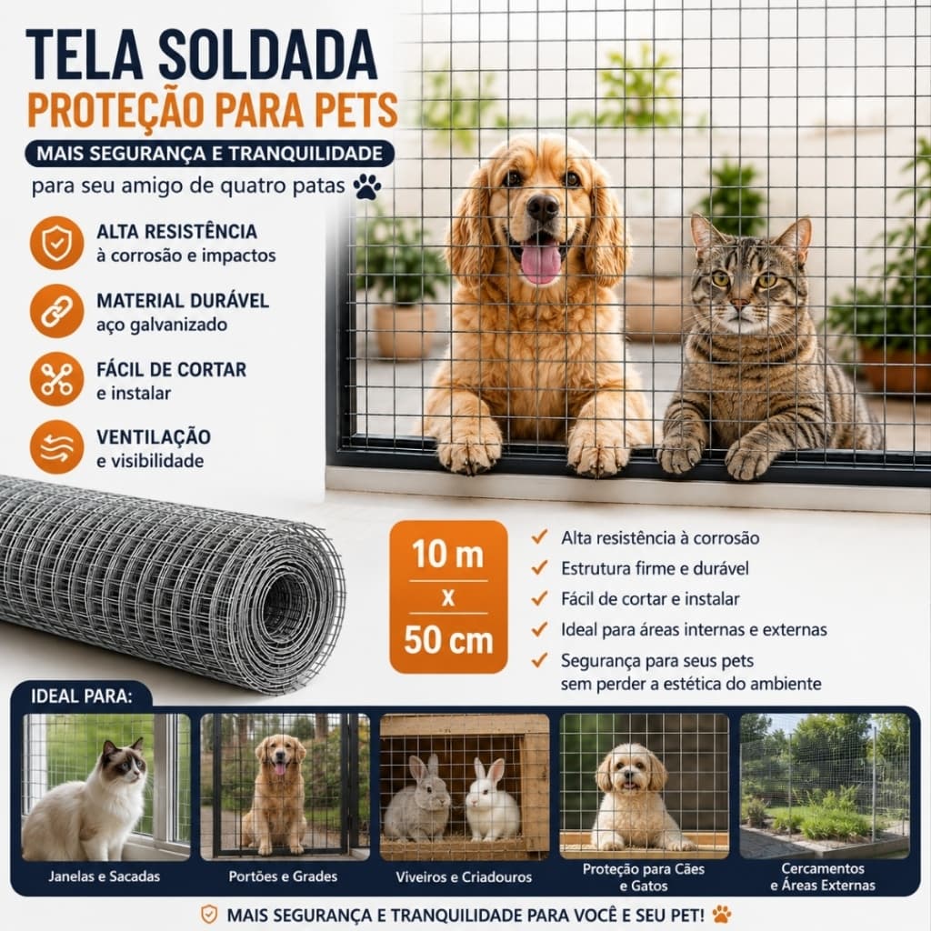 Tela Soldada Galvanizada Proteção para Gatos e Cães 50cm x 10m .