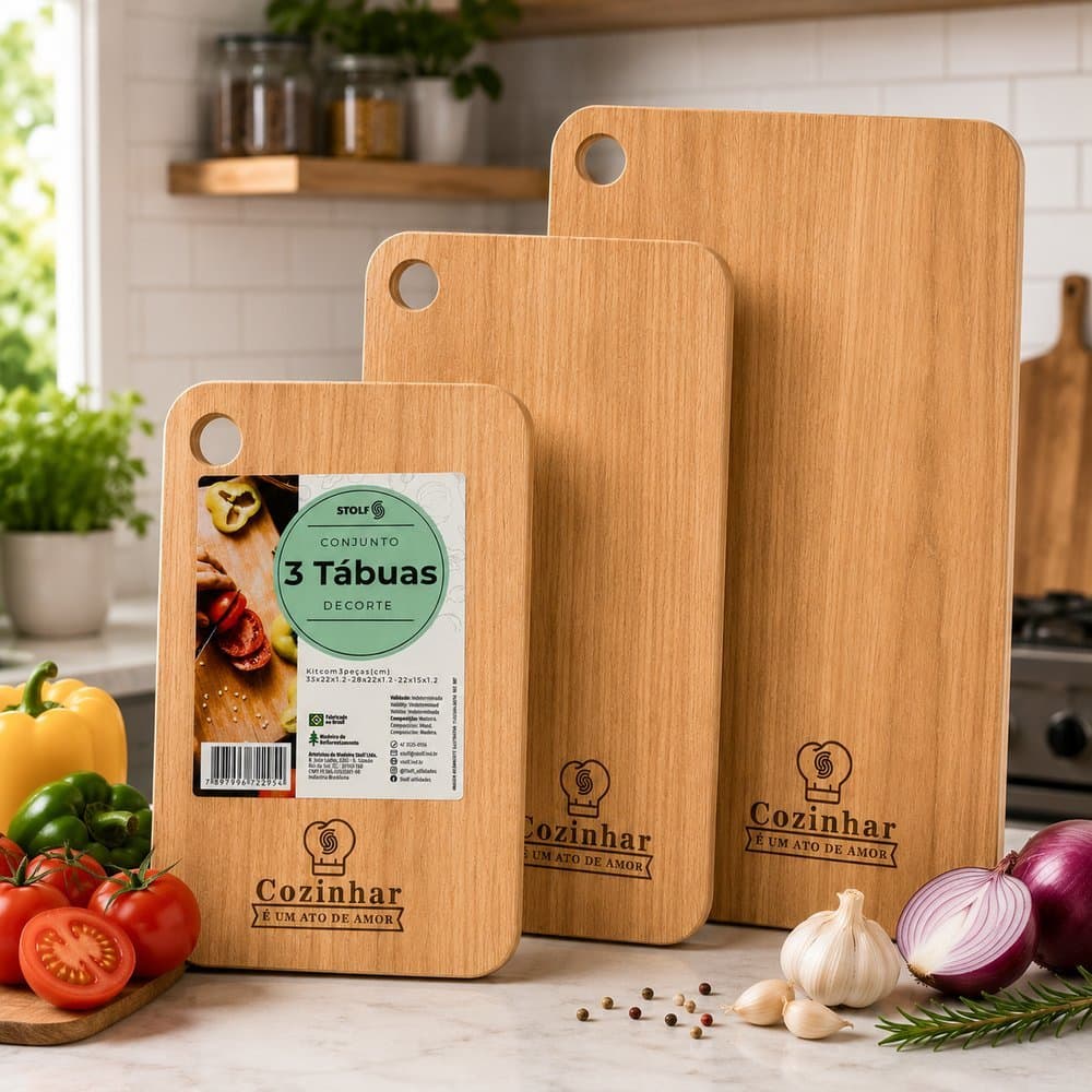 Kit 3/2/1 Tábuas de Corte Madeira Stolf Premium Gourmet Carne Churrasco Petisco Cozinha