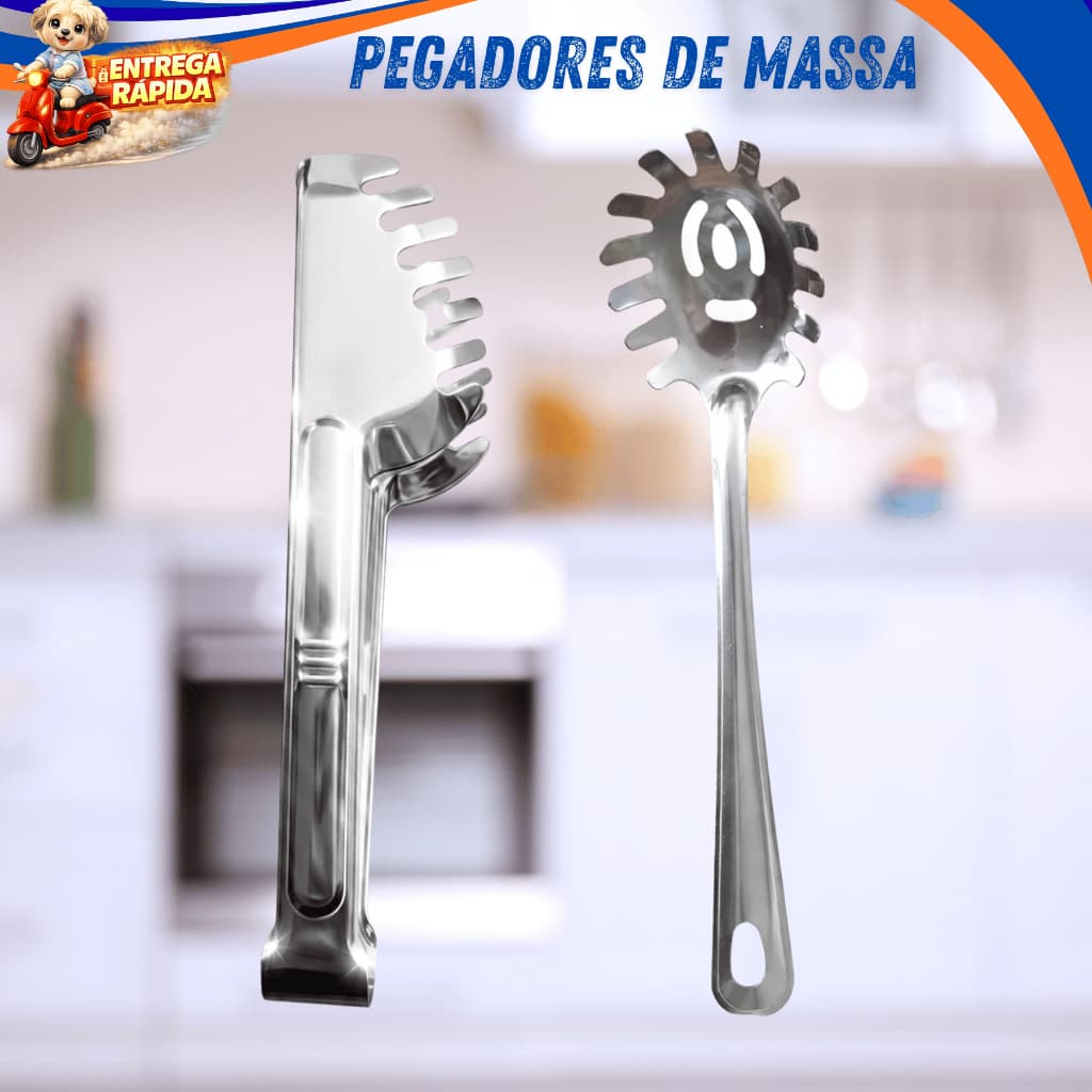 Kit 2 Pegadores Massa Inox Macarrão Espaguete Garra Servir Massa Cozinha Gourmet Restaurante Buffet Profissional Premium