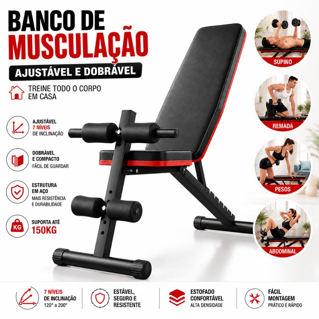 Banco de Musculação Ajustável Dobrável Supino Inclinado Reclinável Treino Academia Casa Estrutura em Aço Suporta 150kg