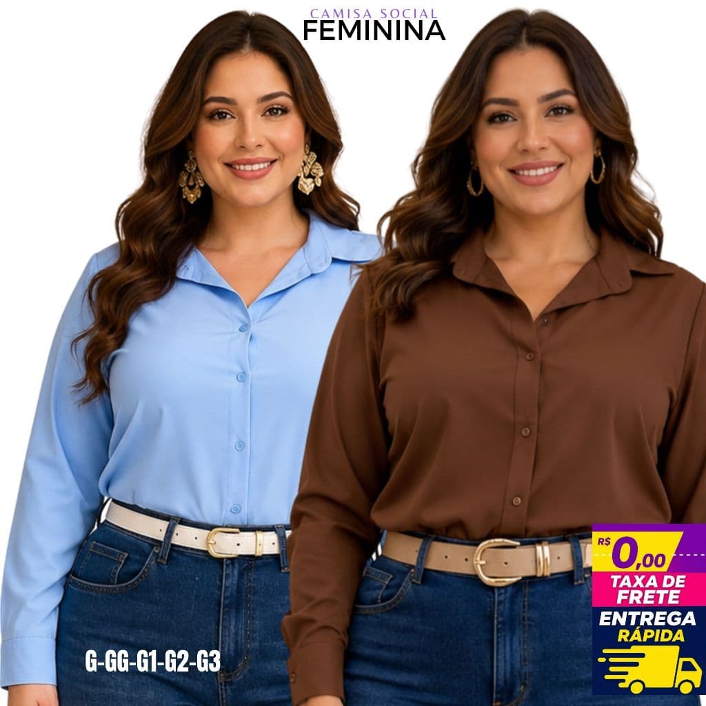 Camisa Social Feminina Plus Size Crepinho Premium Manga Longa | Elegante para Trabalho, Escritório, Reuniões
