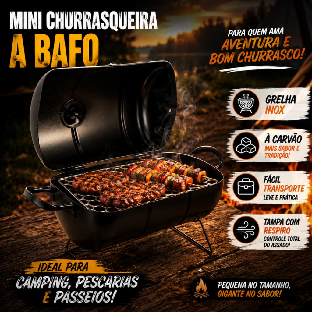 Churrasqueira a Bafo Mini - Portátil - Casa- Camping - Pesca - Econômica - Envio Imediato