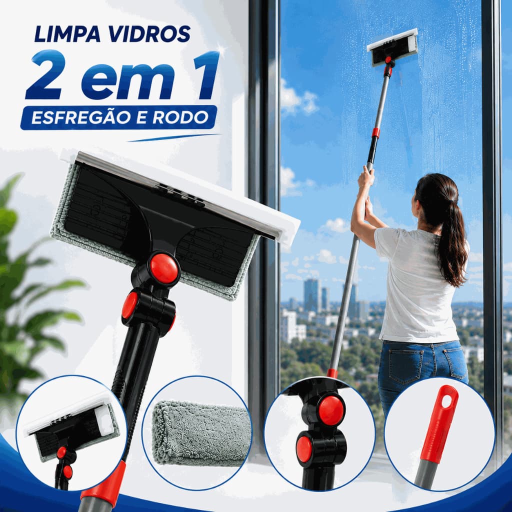 Limpa Vidros 2 em 1 Rodo com Esfregão Microfibra Cabo Extensível 150cm Giro 360°