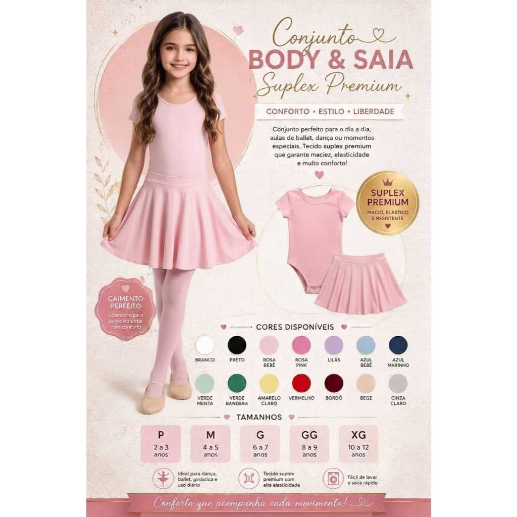 Conjunto Elegante Infantil Feminino Saia e Body Manga Curta E Gola Redonda Em Suplex