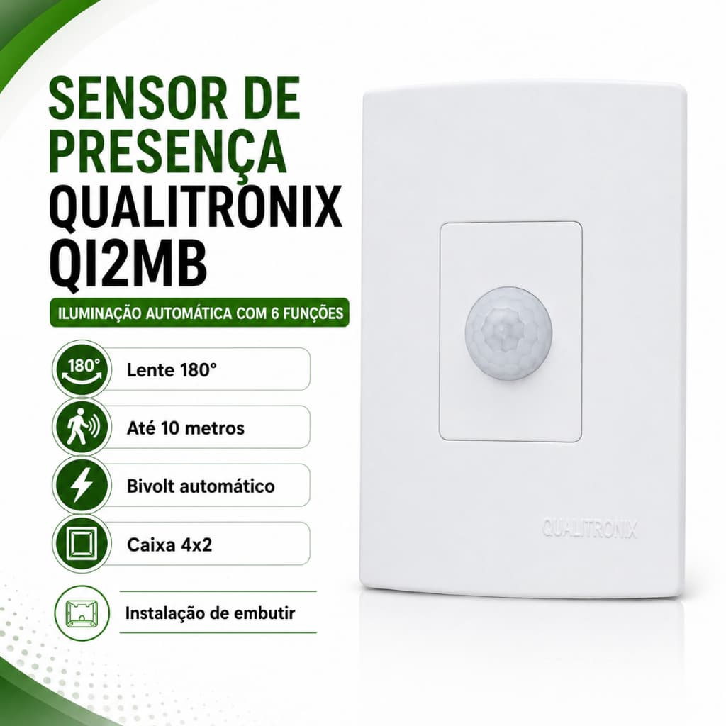 Sensor de Presença Embutido 4x2 com Fotocélula 6 Funções Lente 180º Branco QI2MB