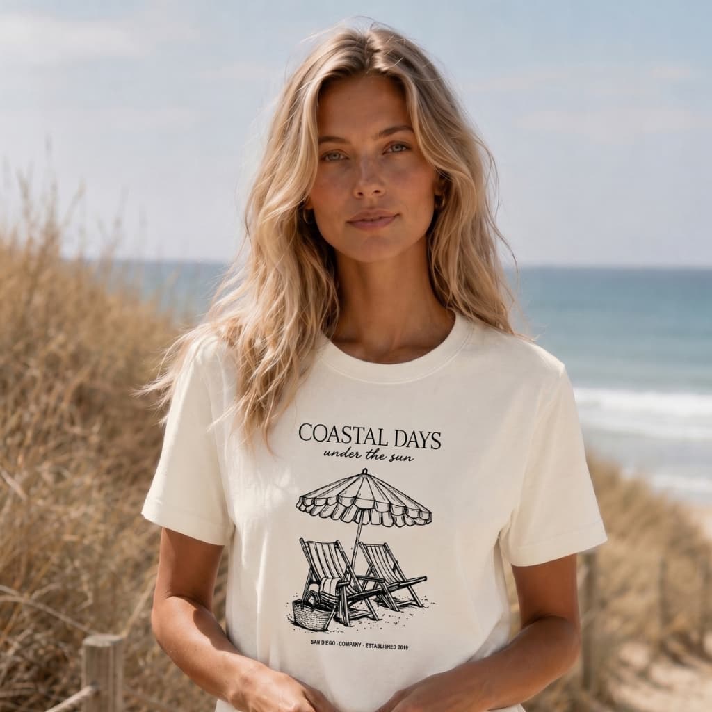 Camiseta Feminina Algodão Estampada Coastal Days Praia Verão Litoral Cadeira Guarda Sol Moda Gringa