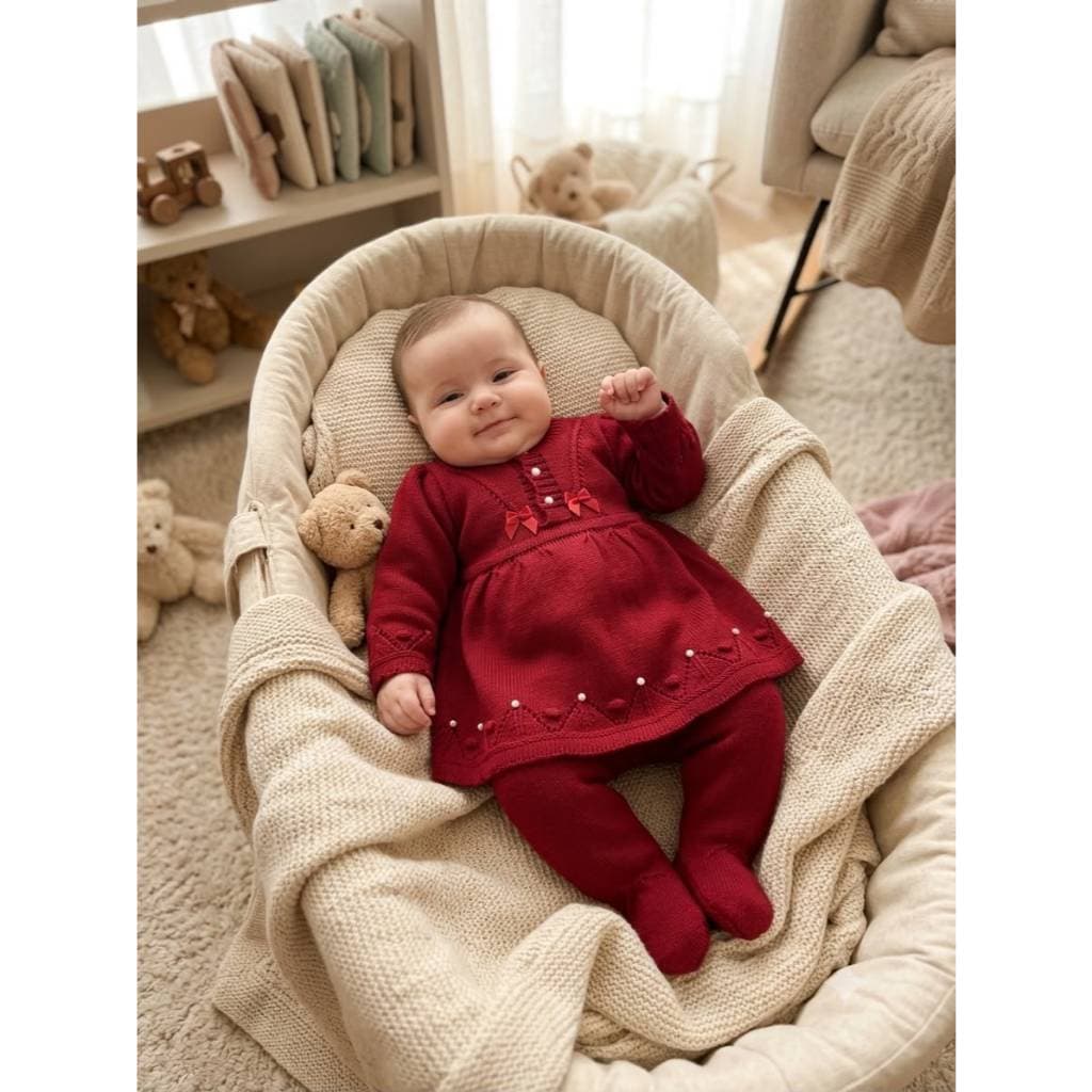 Vestido Calça RN Pérola Laço Saida Maternidade Récem Nascido Tricô Bebê Menina