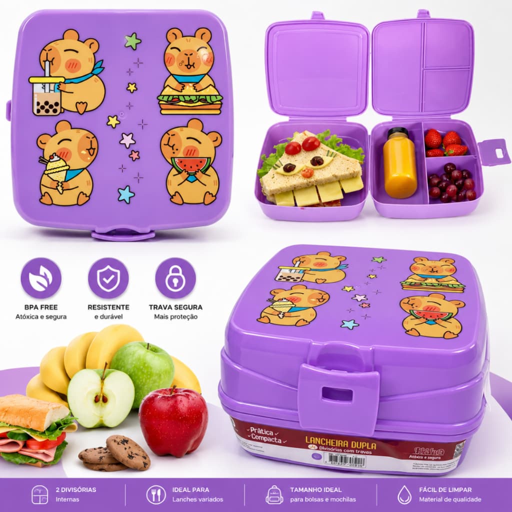 Kit 2 Lancheiras Dupla Escolar Pote Para Lanche Estampada Volta as Aulas