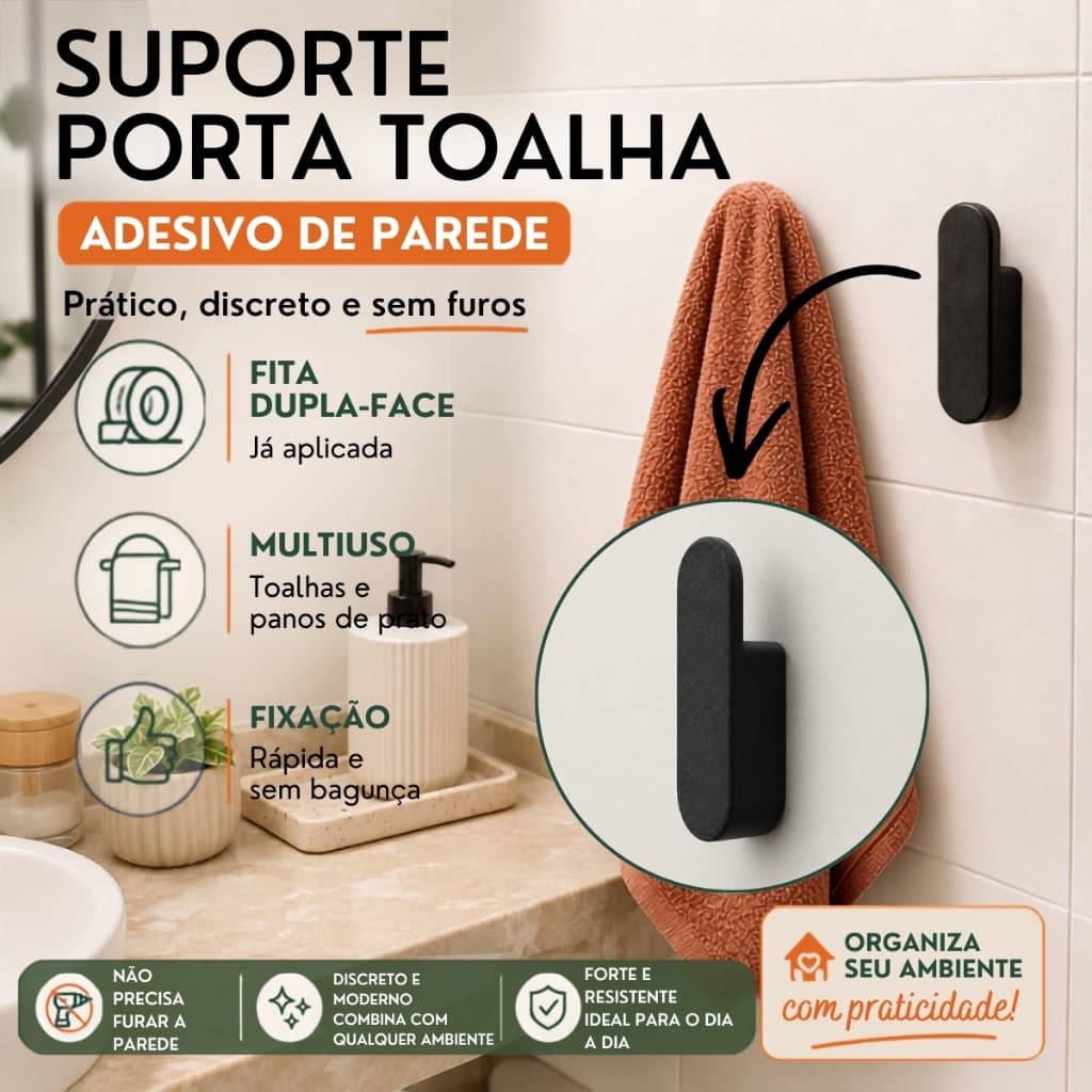 Suporte Porta Toalha Adesivo Gancho de Parede Sem Furo Banheiro Cozinha Preto Branco