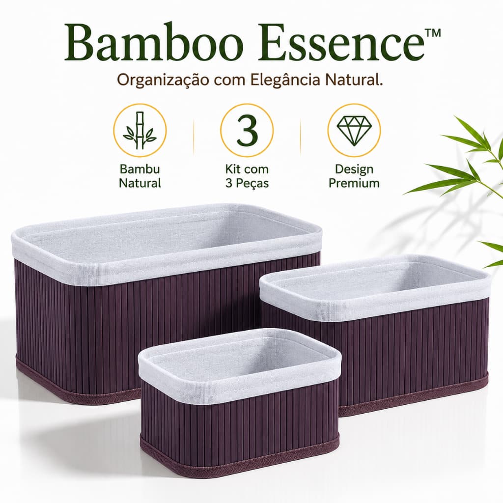 Kit 3 Cestos Organizadores de Bambu Natural Multiuso com Forro em Tecido para Banheiro Closet Cozinha e Escritório