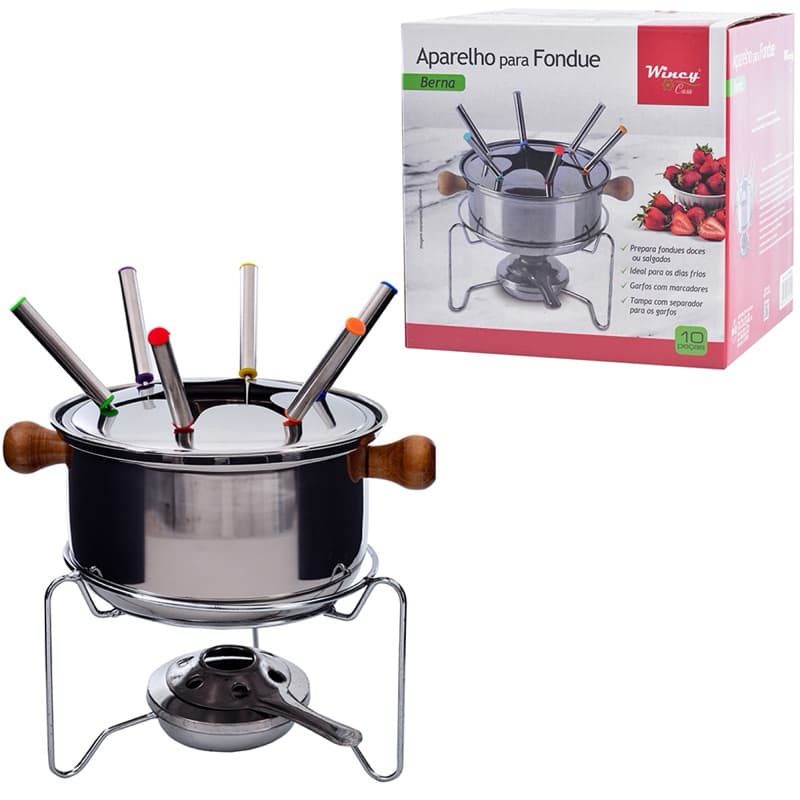 JOGO DE FONDUE DE INOX BERNA COM 6 GARFOS + PANELA + SEPARADOR E SUPORTE