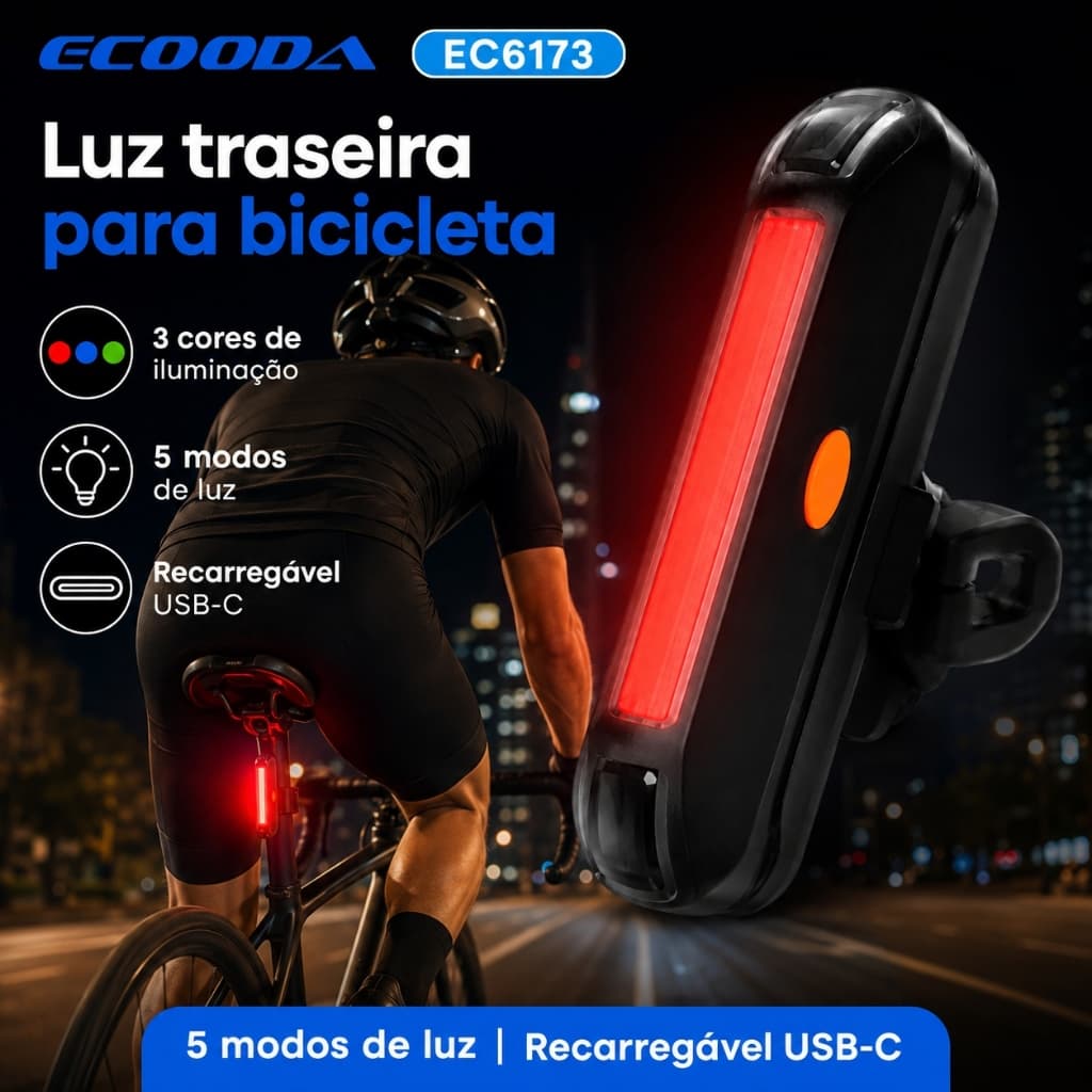 Lanterna Sinalizador Traseiro para Bike ECOODA EC6173 LED 100 Lúmens Recarregável USB 3 Cores 5 Modos