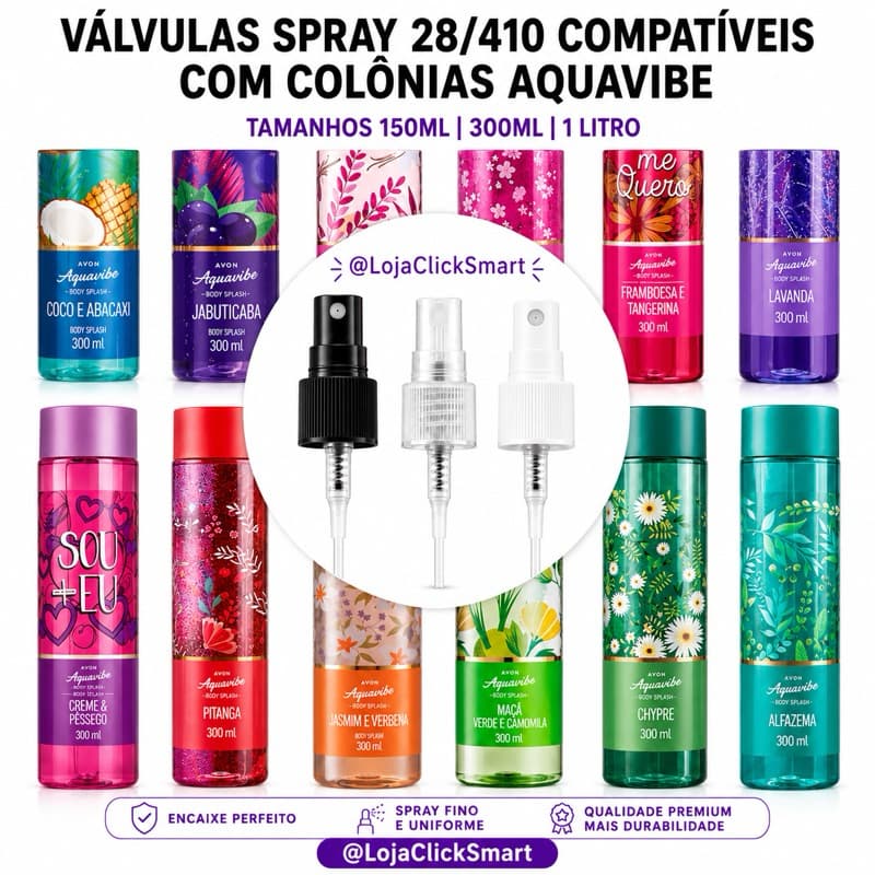 KIT DE VÁLVULAS SPRAY 28/410 | PARA COLÔNIA AQUAVIBE TAMANHOS: 150ML | 300ML | 1L E MUSK AVON 150ML PERFUME DESODORANTE
