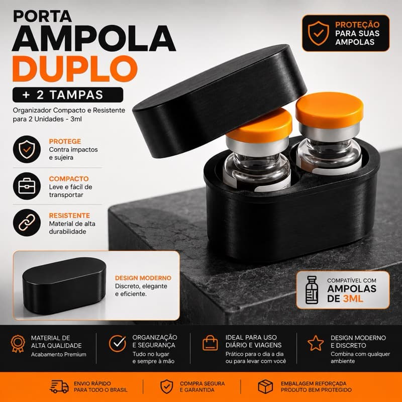 Estojo Porta Ampola Duplo 3ml Organizador Compacto Resistente para 2 Frascos Impressão 3D Fabricação Própria
