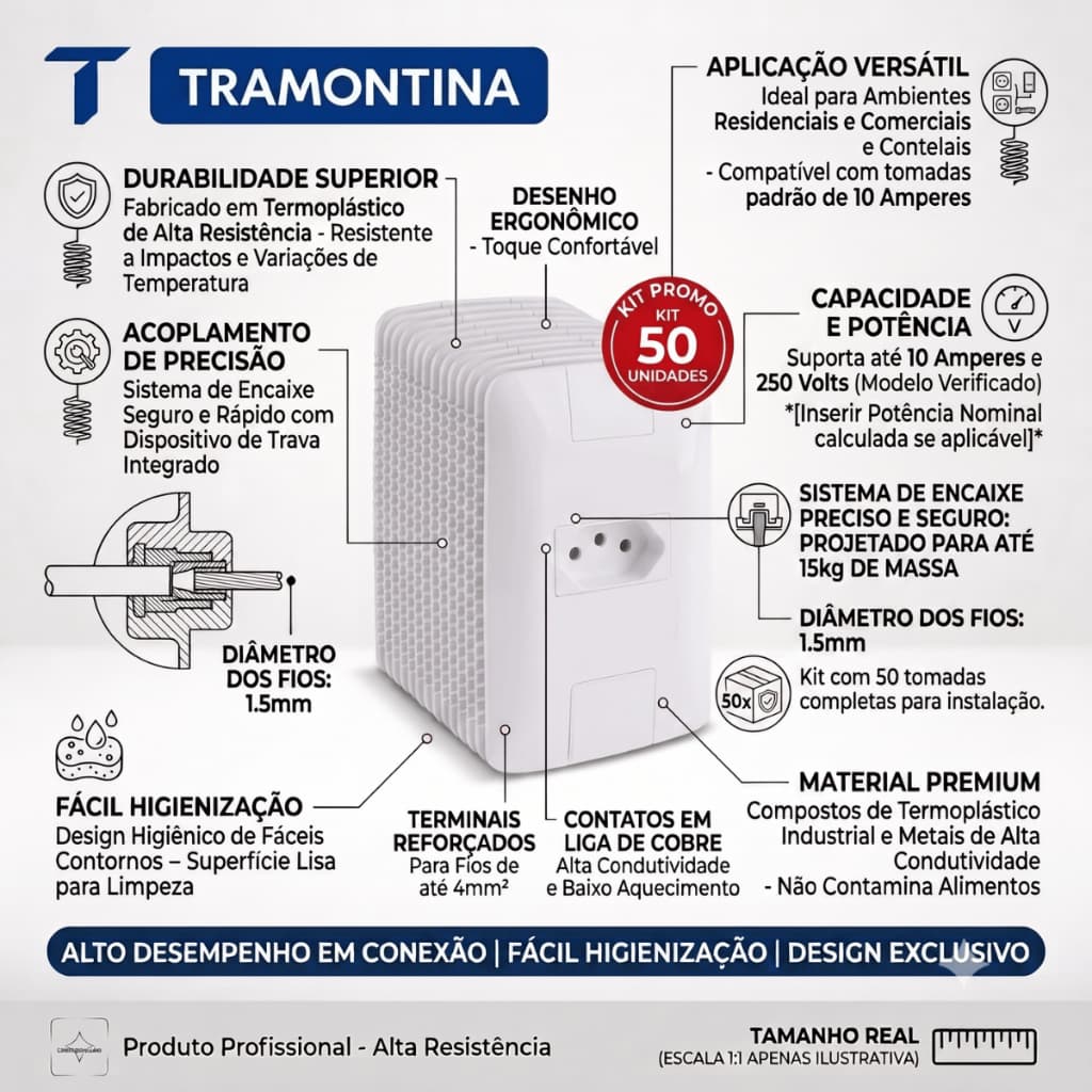 KIT 50 UN - Tomada 10A Tramontina Completa com Placa Branca - Alta Resistência