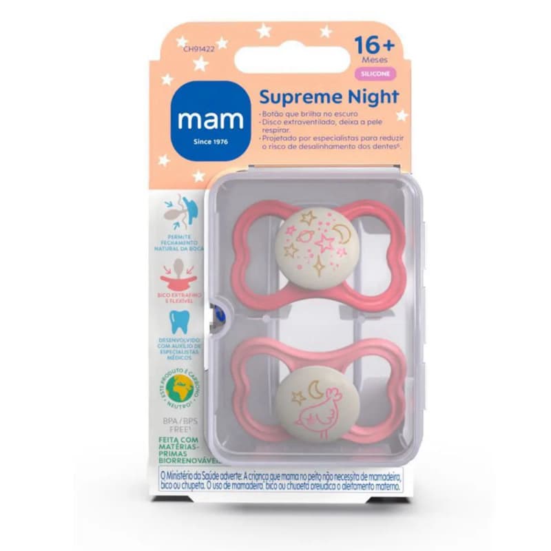 Kit com 2 Chupetas Supreme Night MAM 0-6m Rosa + Estojo