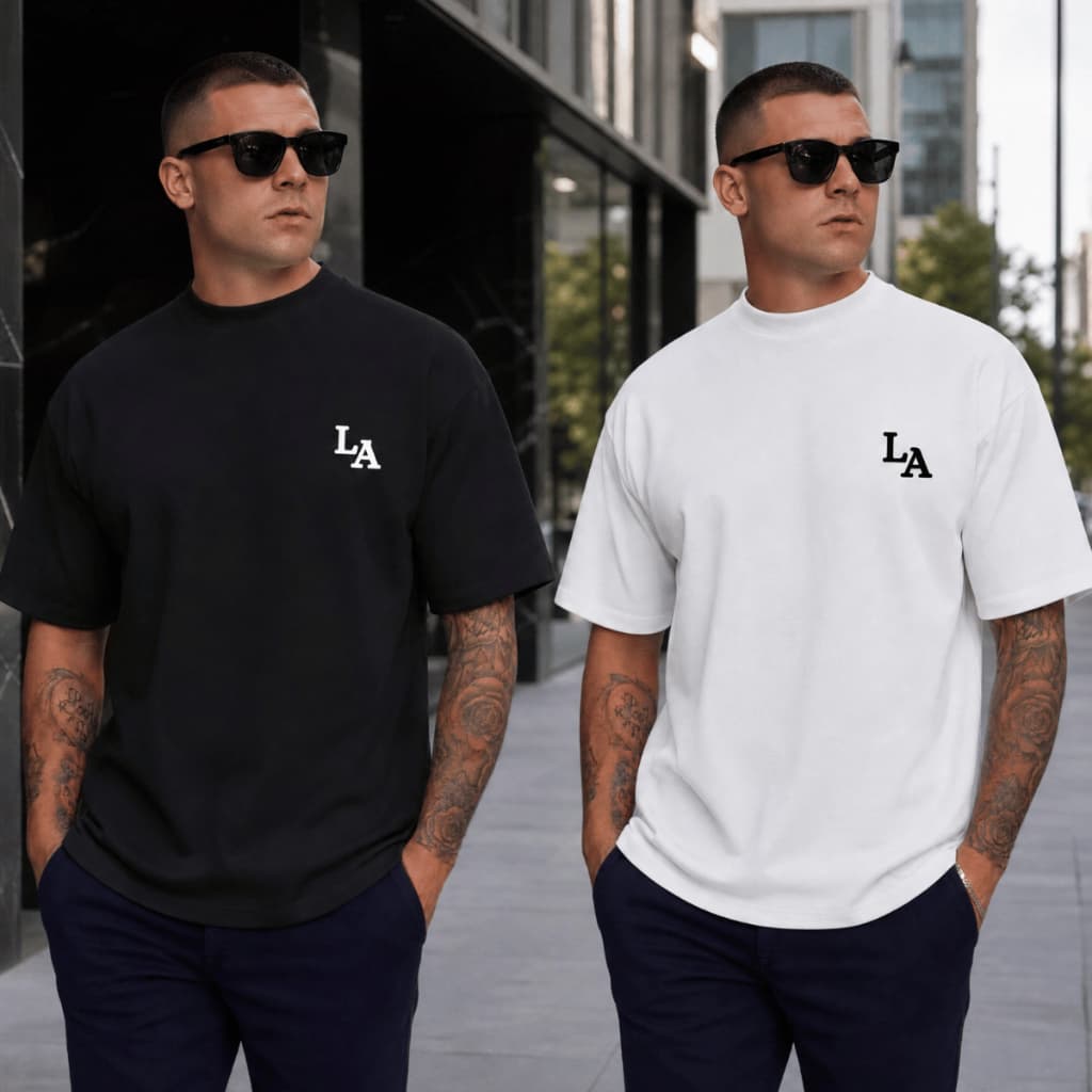 Kit 2 Camiseta Oversized Masculina Camisas Larga Streetwear Algodão Premium Logo LA Los Angeles