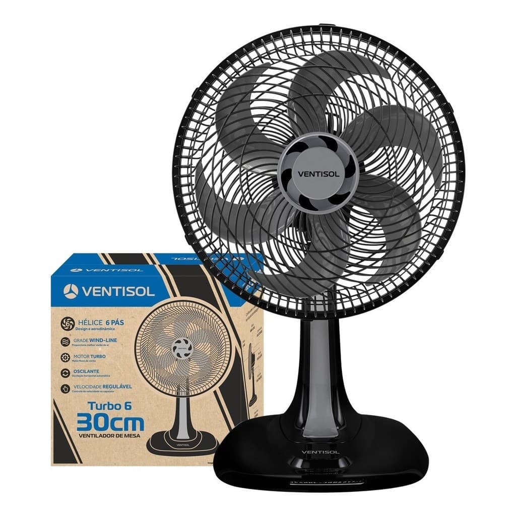 Ventisol Ventilador de Mesa Oscilante, Turbo 6 Pás Premium, Preto, 30cm, 127V, Ventisol