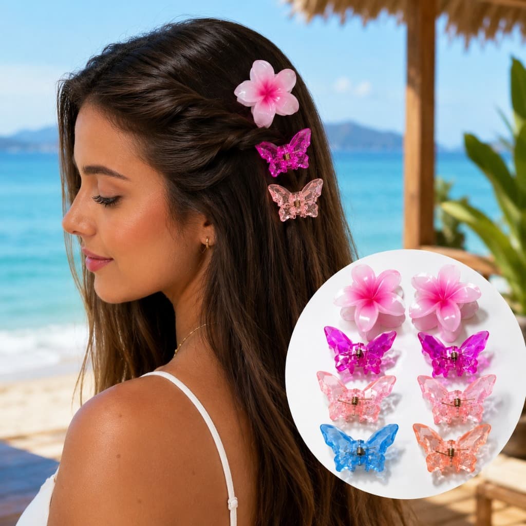 Kit com 6 Presilhas de Cabelo 2 Flores e 4 Borboletas Acrílico Premium Feminina Infantil Brilho Cristal Hair Clip