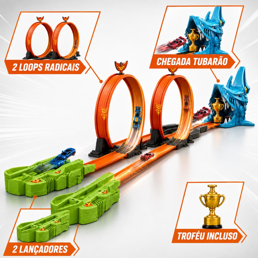 Pista de Corrida Infantil 220cm com Loop Duplo 2 Lançadores e Tubarão 2118
