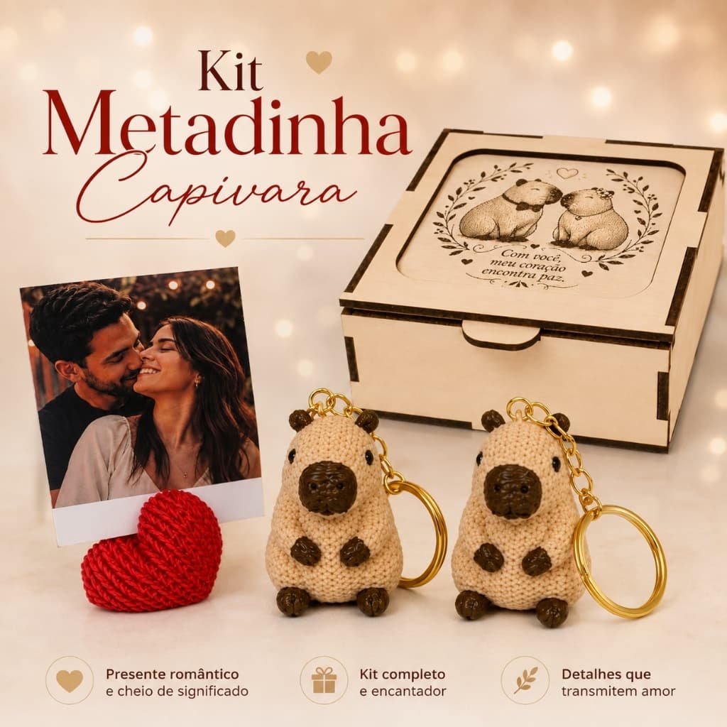 Presente Romântico para Namorada Namorado Kit Capivara Casal Caixa MDF 2 Chaveiros 3D Porta-Foto