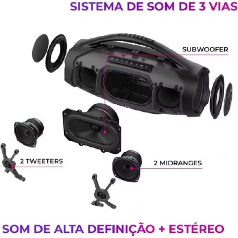 AIWA Boombox Plus Caixa de Som Bluetooth Preto com Som de Alta Definição 3 Vias, 200W RMS e IP66