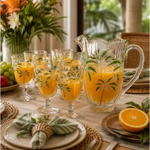 Jarra Vidro 1,5L 6 Taças Palmer Conjunto Kit Suqueira Água Suco Refrigerante Mesa Servir Elegante