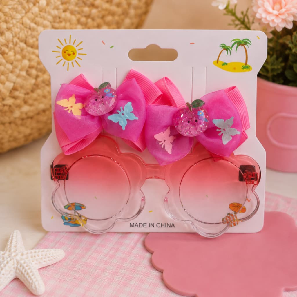 Óculos de Sol Infantil Feminino + 2 Laços Bico de Pato | Kit Acessórios Infantil Praia Presente