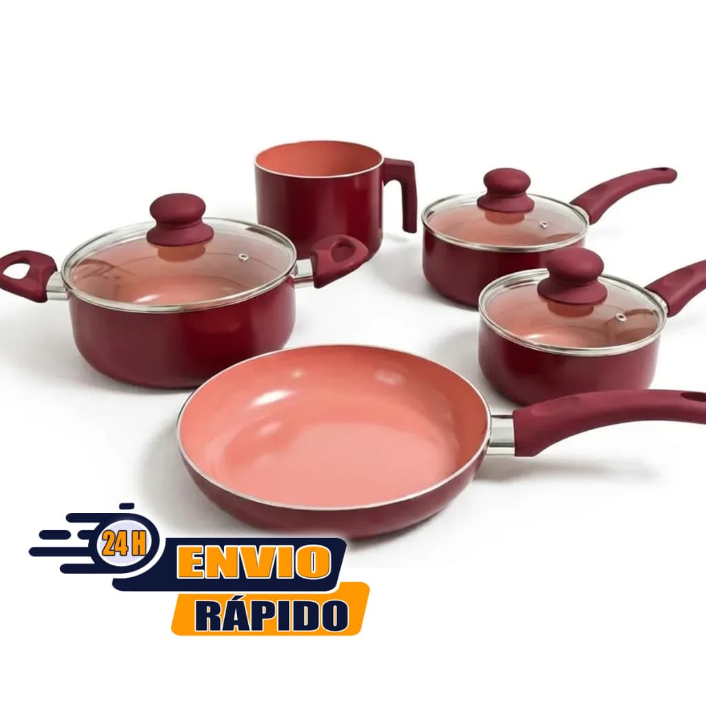 Jogo de Panelas 5 Peças Vienna Stone Color Antiaderente Cerâmico Alumínio com Tampas