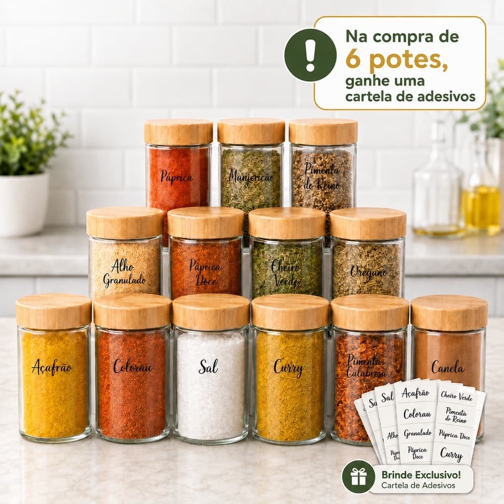 Kit Potes Porta Temperos de Vidro Tampa Desadora Bambu Giratório Organizador Hermético com Etiquetas