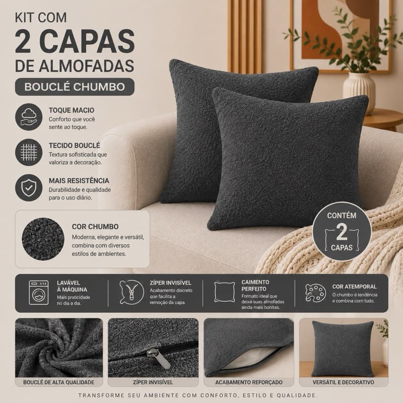 Kit 2 Capas de Almofada 40x40 Bouclê Chumbo com Zíper para Sofá Decoração