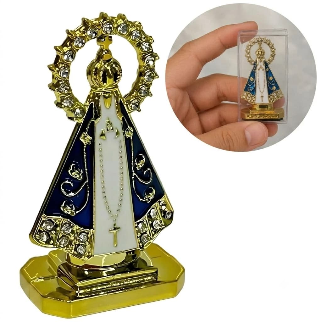 Mini Imagem Nossa Senhora Aparecida Metal com Strass para Painel de Carro - Fita Dupla Face