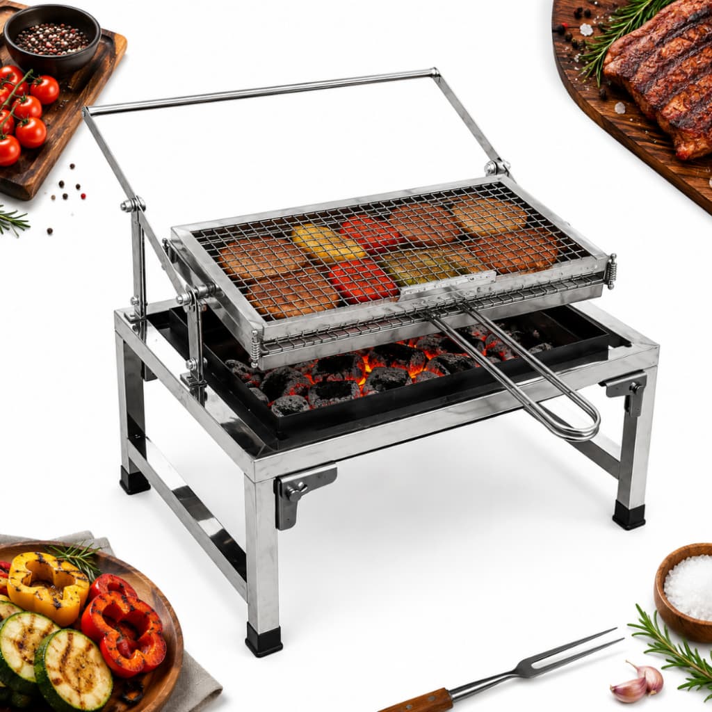 Churrasqueira Com Grelha Rotativa Giratória Aço Inox Reforçada Portátil
