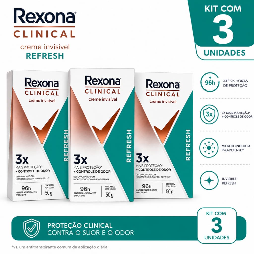 Kit 2 e 3 Rexona Clinical Clean Desodorante Antitranspirante Creme Invisível Refresh 58g Proteção 96h Controle de Odor
