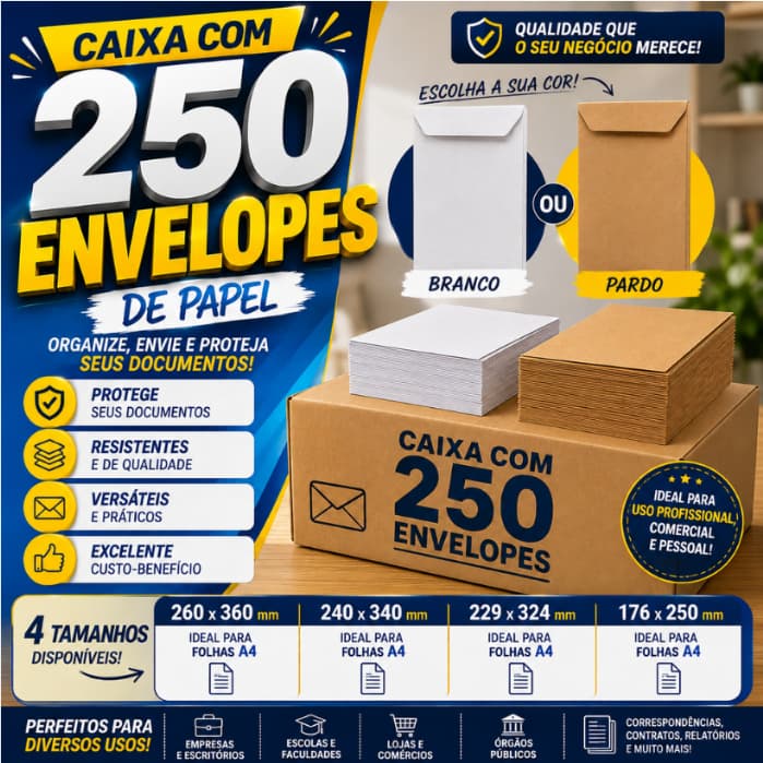Caixa 250 Envelopes de Papel A4 Branco ou Pardo para Documentos Correspondência Escritório Vários Tamanhos