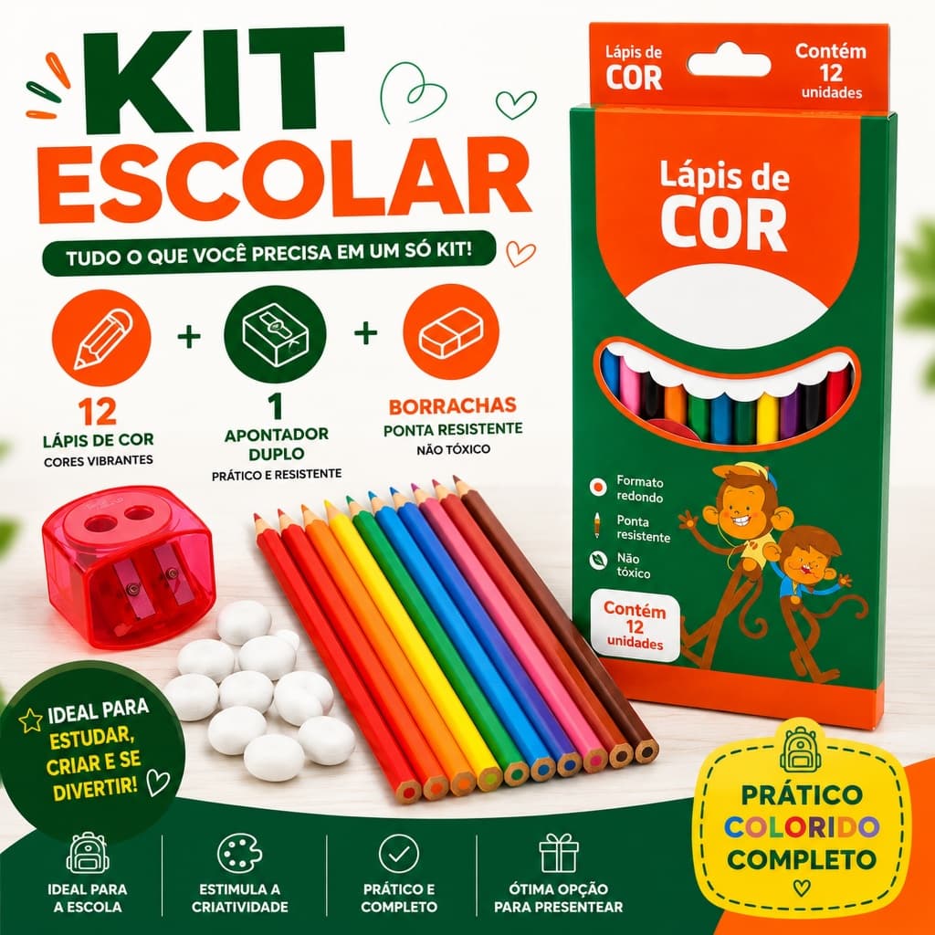 KIT ESCOLAR COMPLETO – LÁPIS DE COR + LÁPIS GRAFITE + BORRACHAS + APONTADOR