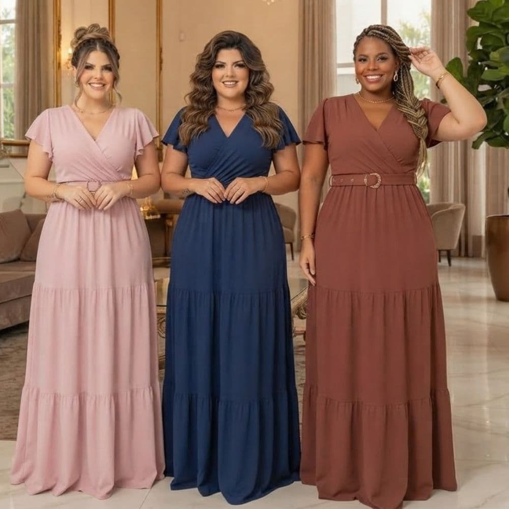Vestido Feminino Longo Plus Size Manga Curta Com Cinto Moda Evangelica Casual Fardamento Gola V