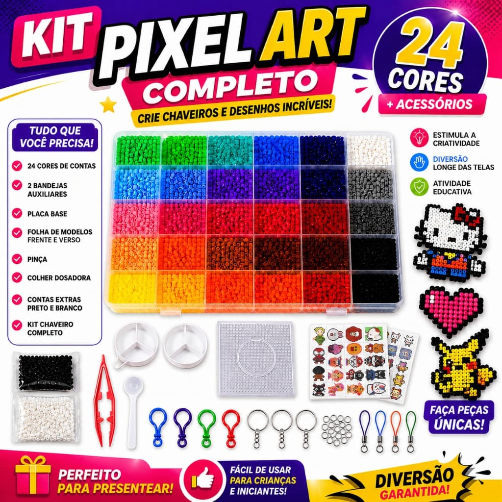 Kit Pixel Art 2.6mm 10400+ Peças 24 Cores Completo Miçanga Hama Beads Perler DIY Chaveiro