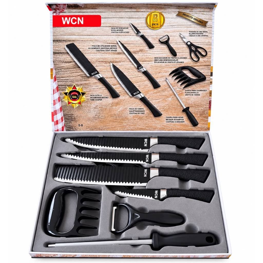Kit Churrasco 8 Peças em Aço Inox | Jogo de Facas para Cozinha | Preto